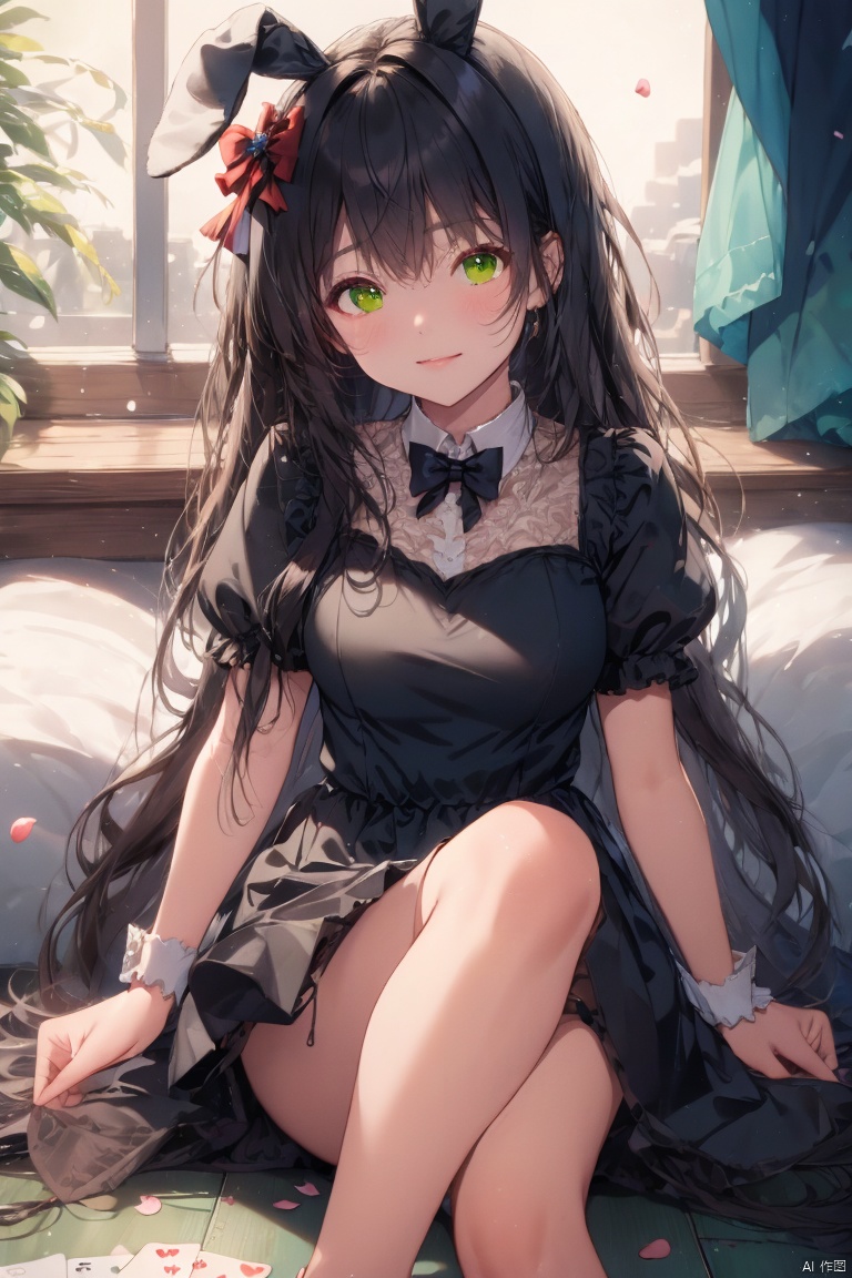  (masterpiece),(best quality),illustration,ultra detailed,hdr,Depth of field,(colorful),loli, 1girl, long hair, green eyes, checkered floor, stuffed toy, stuffed animal, solo, dress, black hair, bow, hair bow, playing card, card, stuffed bunny, petals, looking at viewer, blush, wrist cuffs, blue dress, apron, short sleeves, heart, frills, sitting, bangs, , , , , MizarFeet,