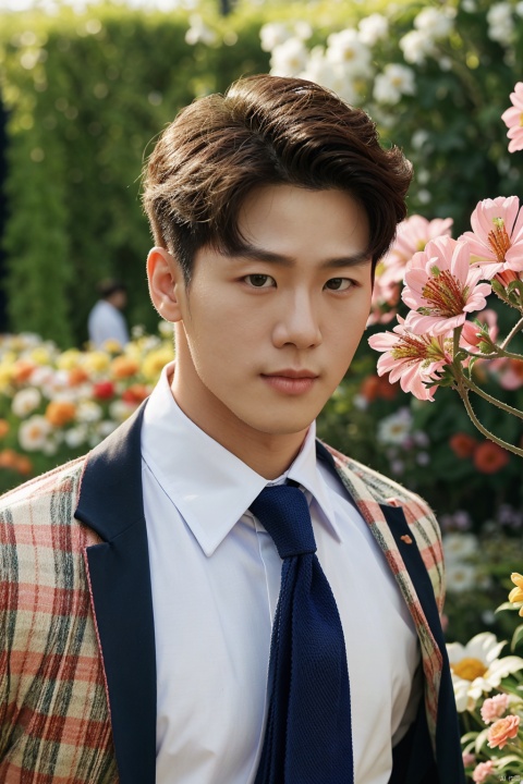masterpiece,1 Boy,Look at the audience,detailed gorgeous face,Muscular development,Shirt,Tie,in summer,Garden,Flowers,realistic,best quality,ccurate,