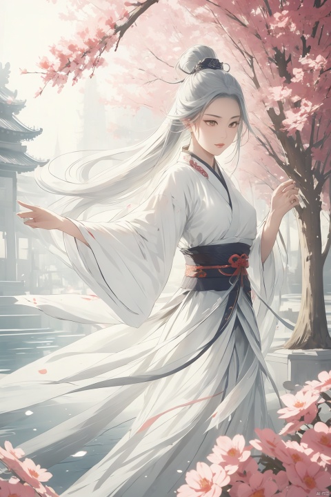 (masterpiece, best quality, ultra-detailed, highres), (((solo))),(sidelighting, lustrous skin), (bloom), (shine), lighting, strong rim light,white hair,(miko),((tangzhuang)),beautiful detailed eyes,beautiful detailed girl,an extremely delicate and beautiful,tiara,lipstick,beautiful and delicate water,nature,(shrine),shiratama kitsune,golden eyes,long hair, hand on own chest,
, smwuxia Chinese text blood weapon:sw
