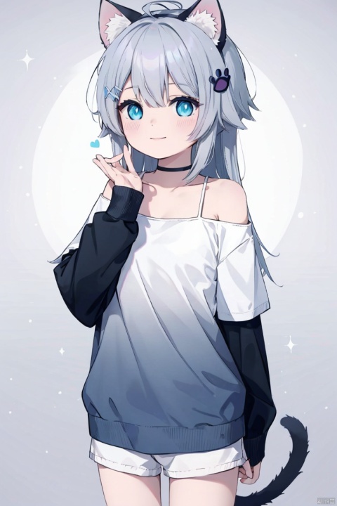  30710, petite, loli, solo, animal ears, heart, puffy short sleeves, grey hair, long hair, off shoulder, bangs, hair ornament, gradient background,rainbow gradient, x hair ornament, animal ear fluff, looking at viewer, very long hair, blush, smile, cat ears, bare shoulders, collarbone, hand up, gradient sweater, hair between eyes, symbol-shaped pupils, arm up, heart-shaped pupils, hairclip, medium breasts, salute, bare legs,full body,blue_eye,((ahoge)), + +,sparkling eyes,Starry eyes,ch style