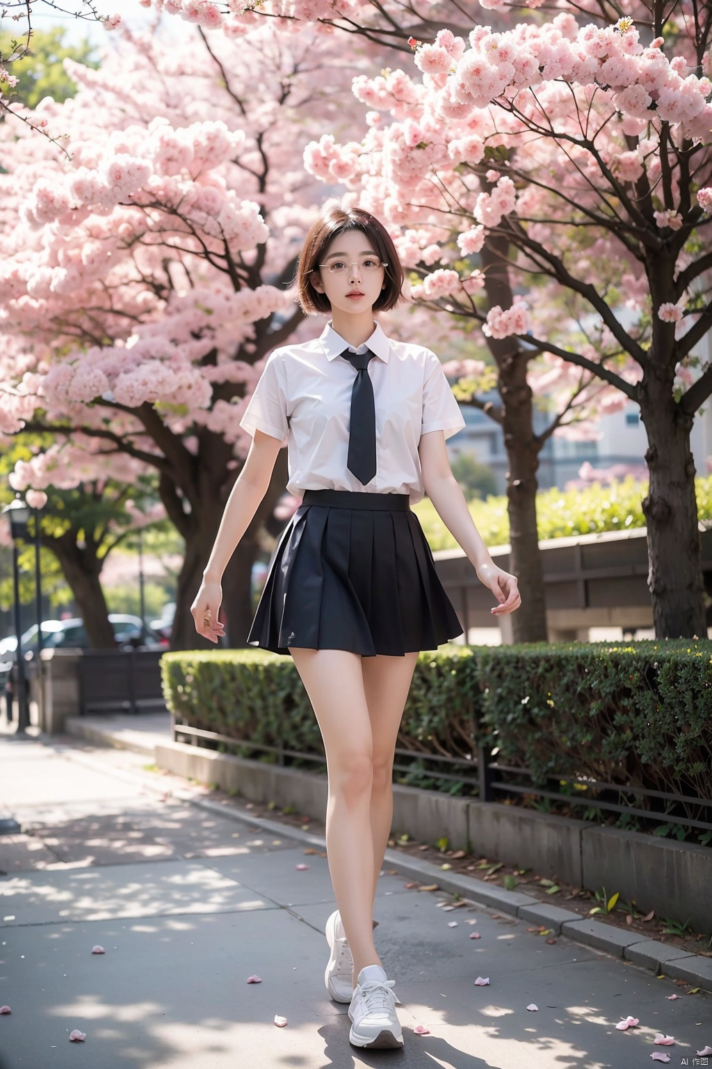  Enhanced, masterpiece, 16K, JK, 1 girl, glasses, short hair, school uniform, skirt, sneakers, body, cherry blossom background, petals falling, (\meng ze\), ((poakl)), Light master