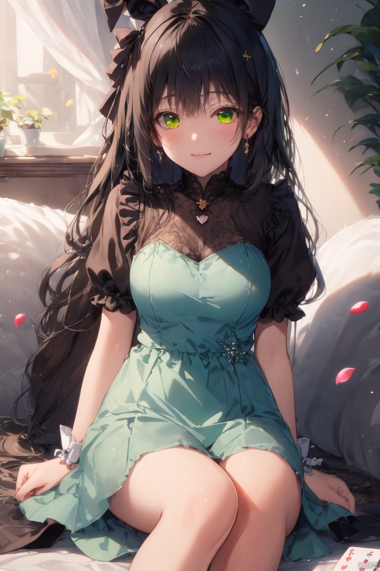 (masterpiece),(best quality),illustration,ultra detailed,hdr,Depth of field,(colorful),loli, 1girl, long hair, green eyes, checkered floor, stuffed toy, stuffed animal, solo, dress, black hair, bow, hair bow, playing card, card, stuffed bunny, petals, looking at viewer, blush, wrist cuffs, blue dress, apron, short sleeves, heart, frills, sitting, bangs, , , , , MizarFeet,