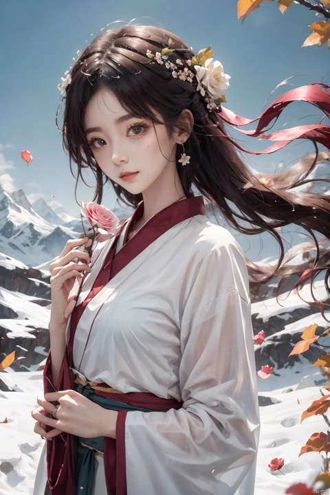  flat_style,simple_colors,masterpiece,{{{best_quality}}},{{ultra-detailed}},Hanfu,Holding a fan,{{1girl}},{{{solo}}}, an_extremely_delicate_and_beautifu,blank_stare,close_to_viewer,breeze,Flying_splashes,Flying_petals,wind,Gorgeous and rich graphics, symmetrical composition,Beautiful face,looks tangwei,cute,seductive smile,looking at the audience,big eyes,charming eyes,perfect figure,black hair, Illustration pov,Distant snow mountains,and grasslands, Autumn, red leaves, yellow leaves, Illustration, 1girl, pld, flower