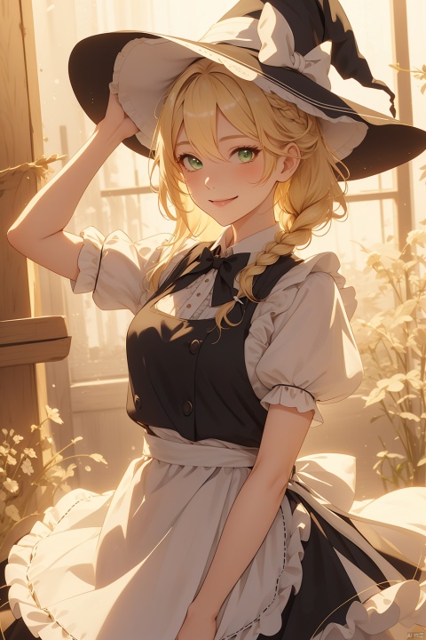  1girl, solo, long hair, looking at viewer, smile, skirt, blonde hair, shirt, hat, bow, hair between eyes, closed mouth, green eyes, white shirt, braid, short sleeves, hair bow, frills, puffy sleeves, black skirt, apron, vest, red bow, puffy short sleeves, single braid, black headwear, witch hat, traditional media, white bow, hat bow, waist apron, white apron, broom, black vest, hand on headwear, kirisame marisa
