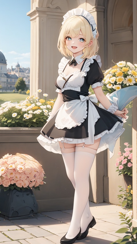 1 Girl, maid, short skirt,Blond Hair,short hair,disheveled hair,scrunchie,maid headdress, white stockings, open mouth, smile,French flag,((Baguette)),Rococo architectural style,vines,Birch,Erigeron annuus (L.) Pers.,eyesseye