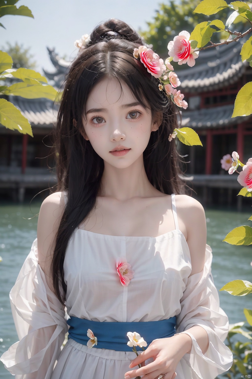  High quality, super detail, masterpieces,8kIn an ancient Chinese village, a beautiful little girl stood there. Her long hair cascaded down her shoulders. Her eyes were bright and bright, as clear as the water in a lake. She was wearing a traditional Hanfu, embroidered with fine patterns, bright colors, like a blooming flower. Her face was pure and sweet, as if it were the purest thing in the world., flowers, 1girl, flower