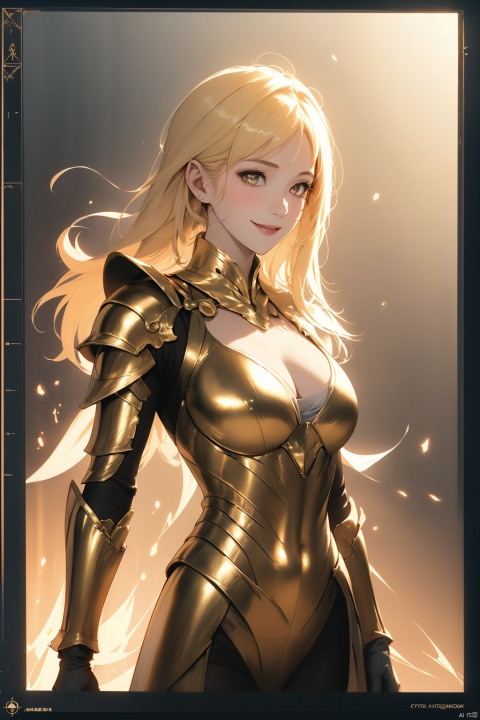  absurdres,1girl,solo,armor,full_shot,yellow eyes,blonde hair,arm up,medium breasts,looking at viewer,lotus strip road,shoulder armor,(pauldrons:1.1),floating hair,cleavage,smile,long hair,lips,glowing,gloves,(artbook:1.2),metallic luster,(background light:1.1),golden armor,golden tones,background with golden light,fine detail,perfect painting quality,lighting floats,(rotation trend:1.1),(dynamic diagram:1.1),,gyanmyo,(holy spirit:1.1),wide_shot,(glowing skin:1.2),true substance,housing architecture,(center diagram:1.1),golden lotus flying,elements of lava,white-lipped red,toplight,inverse light, eyesseye, midjourney