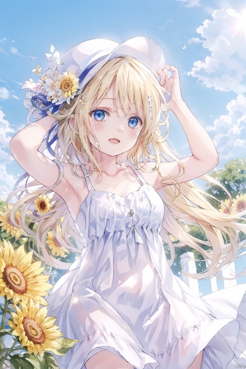  1girl, solo, dress, long hair, hat, sky, blue eyes, flower, sleeveless dress, white dress, day, breasts, arm up, blue sky, cloud, bangs, blush, outdoors, open mouth, sleeveless, bare shoulders, ribbon, white headwear, yellow flower, blonde hair, water drop, hair between eyes, hat flower, hair ribbon, sun hat, medium breasts, white ribbon, hand on headwear, upper body, looking at viewer, cloudy sky, sunflower