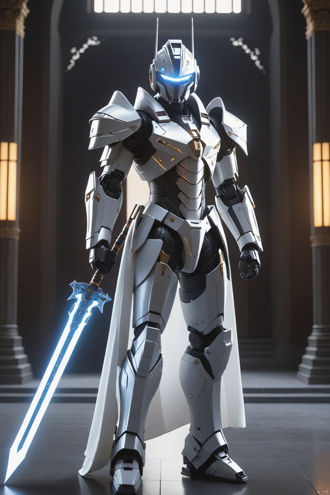  Metal armor, metallic texture, 1boy, solo, A HUBG_Mecha_Armor robot, black robotic hat, white robe, a glowing halo behind it,holding a glowing energy spear, standing inside an imperial palace, 

cinematic scenes, cinematic shots, cinematic lighting, volumetric lighting, ultra-detailed, highly detailed, hyper-detailed, realistic, ultra-realistic, hyperrealistic, HD, IMAX, 8K resolutions, ultra resolutions, sharp focus, magnificent, best quality, masterpiece, Oouguancong