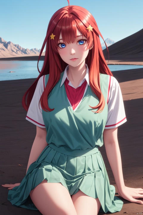  1girl,looking at viewer,solo,long hair,red hair,bangs,ahoge,star hair ornament,star \(symbol\),blue eyes,skirt,shirt,hair ornament,school uniform,white shirt,short sleeves,pleated skirt,green skirt,sweater vest,,Itsuki_CYQL,(expressionless,sitting,panorama,foreshortening:1.1),beautiful face,beautiful eyes,glossy skin,shiny skin,Autumn, Foliage, Lake, Reflection, Mountains, Colors, Serenity, Tranquility,Desert wildflowers, Arid landscape, Desert bloom, Refreshed desert, Floral explosion, Desert oasis,beautiful detailed sky,beautiful detailed glow,posing in front of a colorful and dynamic background,masterpiece,best quality,beautiful and aesthetic,contrapposto,femalefocus,wallpaper,fashion,,
