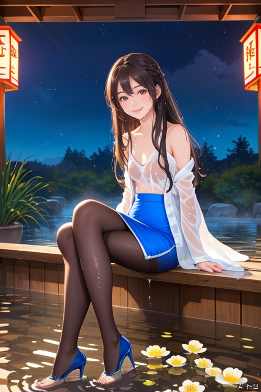  Cute illustration, ink painting, warm and beautiful, 1 girl, shy smile, Chinese Hanfu, bare shoulders, best quality, masterpiece, ultra-high resolution, HDR, ultra-high definition, 64K, official art, (photo realism), (realism), depth of field, outdoor, (night), (dim light), (hot springs, flower arrangements), floating hair, long hair, dark brown hair, (whole body), arms on both sides, enticing posture, (wedge-shaped high heels), (blue pantyhose), pencil skirt, (sitting), (big chest), (solo focus), looking_cat_viewer, (fitted and petite body, full), (curved), (underwater), (wet hair, wet shirt),