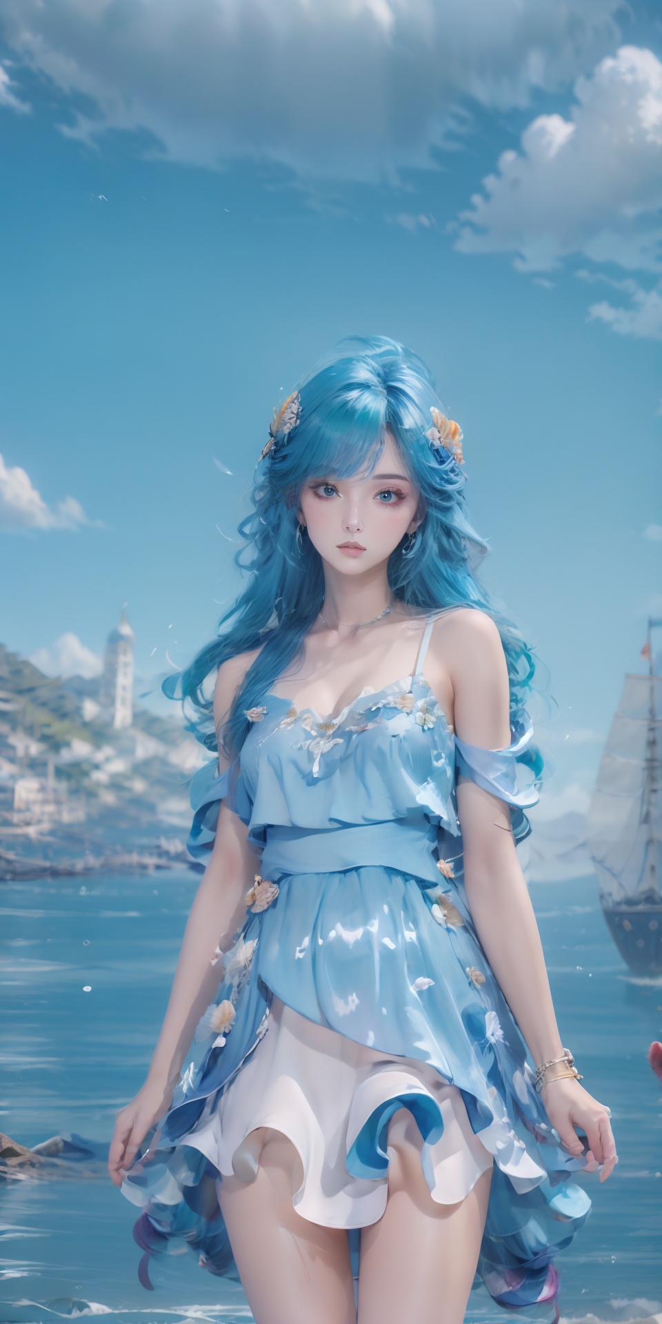  DLY,1girl,solo,blue hair,blue eyes,dress,hair ornament,ahoge,long hair,jewelry,looking at viewer,bracelet,bluedress,bangs,(((1 girl))), (medium breasts:), ((upper body:0.7)), half body photo, female solo, depth of field, blue earrings, blue jewelry, off-shoulder white shirt, black tight skirt, (at beach), blonde hair, photorealistic:1.3, realistic), highly detailed CG unified 8K wallpapers, (((straight from front))), (HQ skin:1.3, shiny skin), 8k uhd, dslr, soft lighting, high quality, film grain, Fujifilm XT3, (professional lighting), nangongwan, red lips, Nebula
