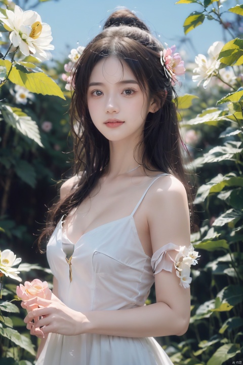  (2_girls:1.9),kind smile, (masterpiece), (best quality), illustration, ultra detailed, hdr, Depth of field, (colorful),black eyes, gloves, flower, blonde hair, long hair, dress, parted lips, looking at viewer, white flower, white dress, breasts, white rose, bird, sleeveless, bangs, rose, official alternate costume,wangyushan, ((poakl)), pld, Nebula, flowers