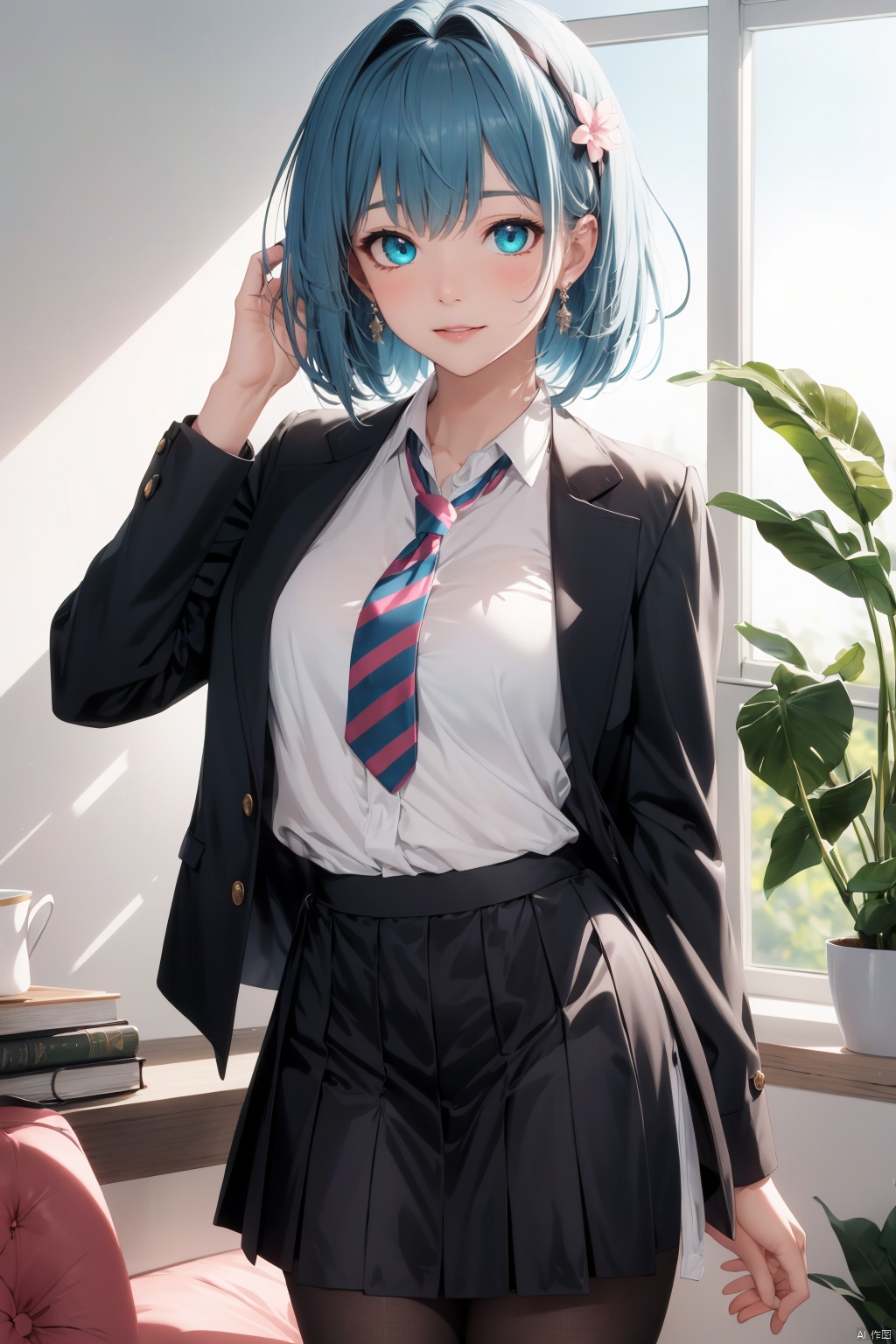  1girl, solo, breasts, looking at viewer, smile, short hair, bangs, blue eyes, skirt, large breasts, shirt, long sleeves, holding, jewelry, school uniform, blue hair, standing, jacket, white shirt, flower, pantyhose, cowboy shot, pleated skirt, hairband, earrings, parted lips, necktie, alternate costume, striped, collared shirt, indoors, virtual youtuber, black skirt, arm up, book, black pantyhose, window, dress shirt, headband, chain, hair intakes, plant, pink flower, holding book, arm behind back, watch, blue necktie, clock, jacket removed, ceiling light, bow earrings, holding jacket, ouro kronii