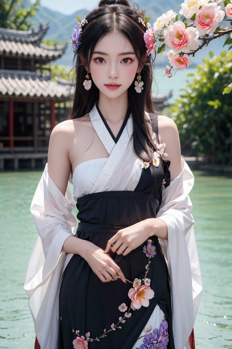  High quality, super detail, masterpieces,8kIn an ancient Chinese village, a beautiful little girl stood there. Her long hair cascaded down her shoulders. Her eyes were bright and bright, as clear as the water in a lake. She was wearing a traditional Hanfu, embroidered with fine patterns, bright colors, like a blooming flower. Her face was pure and sweet, as if it were the purest thing in the world., flowers, 1girl