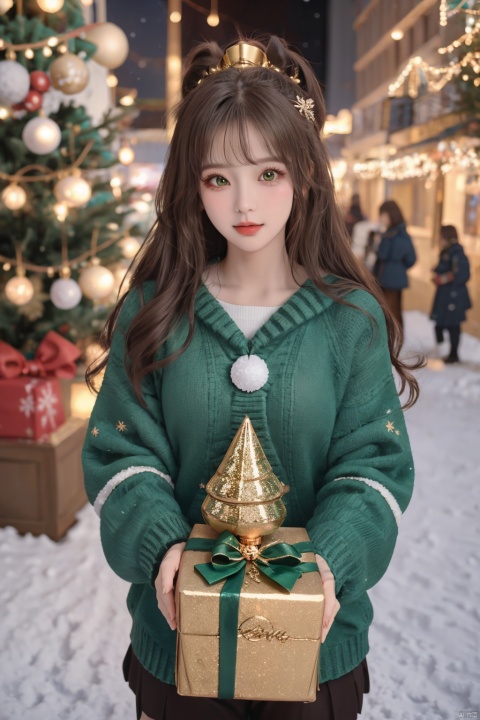  1girl, solo, photo, Snow, outside, Pine, box, christmas tree, merry christmas, holding gift, christmas lights, looking at viewer, bell, ornament, hair ornament, heart-shaped box, UHD, textured skin, high details, 16k, green eyes