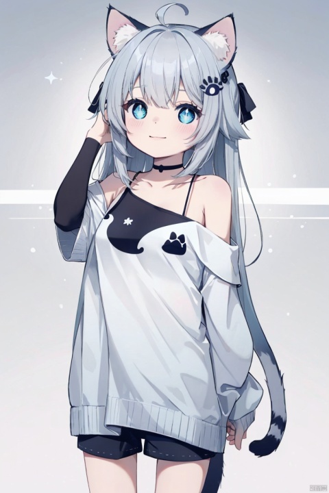  30710, petite, loli, solo, animal ears, heart, puffy short sleeves, grey hair, long hair, off shoulder, bangs, hair ornament, gradient background,rainbow gradient, x hair ornament, animal ear fluff, looking at viewer, very long hair, blush, smile, cat ears, bare shoulders, collarbone, hand up, gradient sweater, hair between eyes, symbol-shaped pupils, arm up, heart-shaped pupils, hairclip, medium breasts, salute, bare legs,full body,blue_eye,((ahoge)), + +,sparkling eyes,Starry eyes,ch style