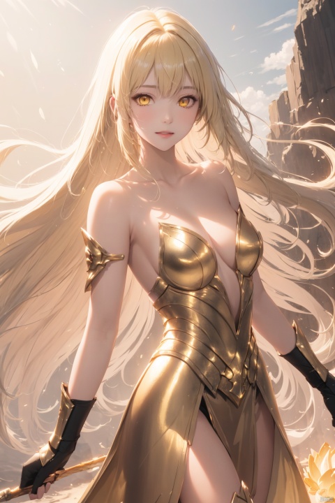  absurdres,1girl,solo,armor,full_shot,yellow eyes,blonde hair,arm up,medium breasts,looking at viewer,lotus strip road,shoulder armor,(pauldrons:1.1),floating hair,cleavage,smile,long hair,lips,glowing,gloves,(artbook:1.2),metallic luster,(background light:1.1),golden armor,golden tones,background with golden light,fine detail,perfect painting quality,lighting floats,(rotation trend:1.1),(dynamic diagram:1.1),,gyanmyo,(holy spirit:1.1),wide_shot,(glowing skin:1.2),true substance,housing architecture,(center diagram:1.1),golden lotus flying,elements of lava,white-lipped red,toplight,inverse light,