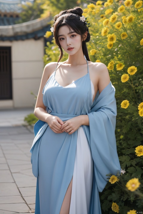  Enhanced, masterpiece, 16K, girl, Solo, Flower Field, rape flower, (\meng ze\), yue , hair ornament , hanfu,(big breasts:1.36), flower, ajkds, pld