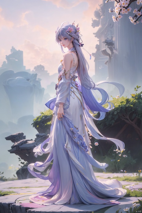  {fantasy theme,chines style},1girl, long hair, white hair, blue eyes, masterpiece, best quality,chinese clothes, hanfu, long sleeves, blue dress, hair flower, blue flower, eyesseye, Light master, flower, (\shuang hua\), yue , hair ornament , hanfu, Nebula, BY MOONCRYPTOWOW, tq, ajkds, tutultb, yunxi