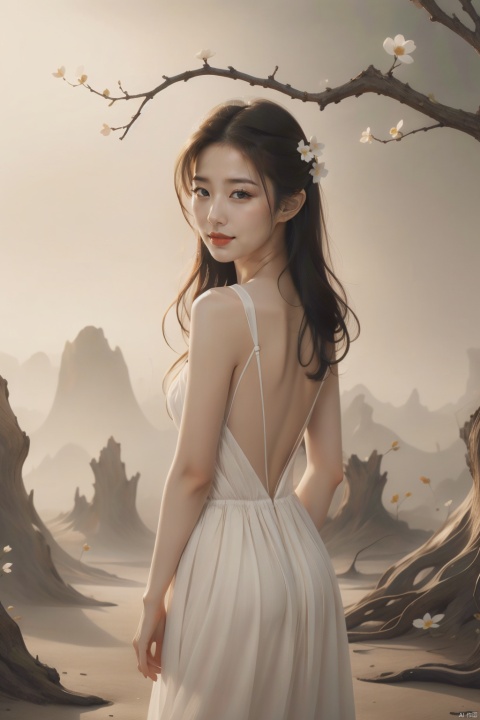  1girl,,This picture depicts a surrealistic image of a woman blending with natural elements. A woman stands in a desolate scene,her back and hair gradually turning into branches and twigs of a tree. A few flowers bloomed on the branch,as if she were a tree growing flowers. She was wearing a flowing white long skirt,with the hem spread out on the ground,interweaving with the lines of the tree roots. This woman's posture is sideways facing backwards,facing the mist in the distance,as if she is gazing or contemplating. The color contrast,light and shadow processing,and theme conception in this picture are all very captivating,creating a feeling of combining fantasy and reality. Overall,images convey an artistic concept that combines natural and human forms,full of symbolic meaning and inner emotional expression.,smile, monkren, liuyifei, pld