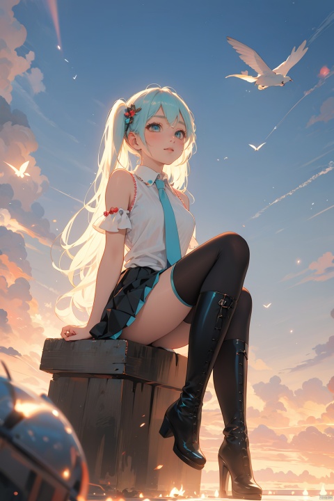  nai3, 1girl, hatsune miku, solo, twintails, long hair, skirt, detached sleeves, thighhighs, necktie, sitting, very long hair, scissors, blush, aqua hair, boots, aqua eyes, looking at viewer, white background, shirt, aqua necktie, thigh boots, black skirt, sleeveless shirt, sleeveless, simple background, bare shoulders, black thighhighs, black sleeves, pleated skirt, white shirt, black footwear, flying sweatdrops, sweatdrop, hair ornament