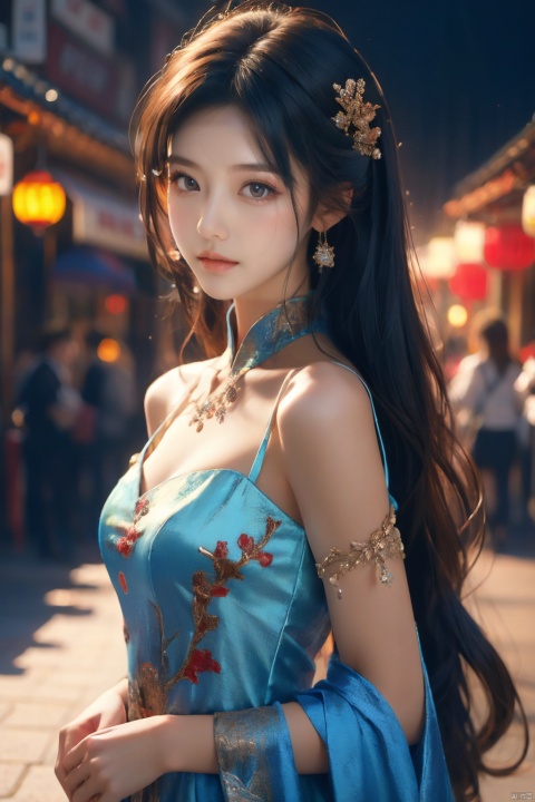  A young model in Chinese dress poses with her arms leisurely, in front of divine light with silhouette light illuminating the edges of the long curly hair, snowflake, solid color red background, Excellent skin texture, gaze deeply, cheerful atmosphere, in the style of eye-catching resin jewelry, matte photo, minimalist beauty, meticulous linework precision, The background is a bustling city,High resolution,8K, neo-chinese style, huayu, 1girl, pld