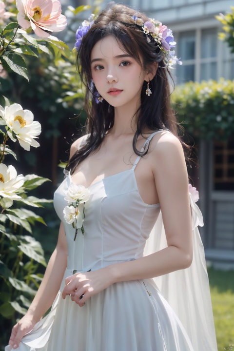  (2_girls:1.9),kind smile, (masterpiece), (best quality), illustration, ultra detailed, hdr, Depth of field, (colorful),black eyes, gloves, flower, blonde hair, long hair, dress, parted lips, looking at viewer, white flower, white dress, breasts, white rose, bird, sleeveless, bangs, rose, official alternate costume,wangyushan, ((poakl)), pld, Nebula, flowers