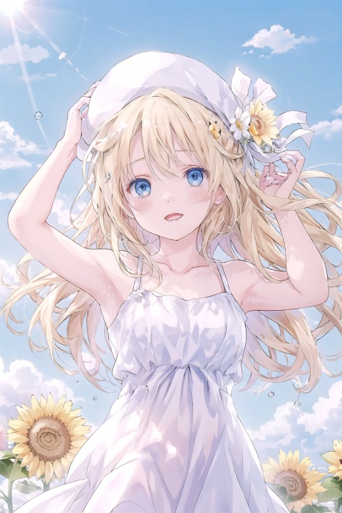  1girl, solo, dress, long hair, hat, sky, blue eyes, flower, sleeveless dress, white dress, day, breasts, arm up, blue sky, cloud, bangs, blush, outdoors, open mouth, sleeveless, bare shoulders, ribbon, white headwear, yellow flower, blonde hair, water drop, hair between eyes, hat flower, hair ribbon, sun hat, medium breasts, white ribbon, hand on headwear, upper body, looking at viewer, cloudy sky, sunflower