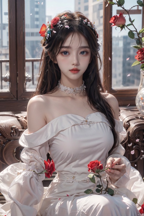  1girl, solo, red flower, flower, blue eyes, long hair, holding flower, holding, rose, dress, petals, hair ornament, red rose, lying, long sleeves, white hair, on back, white dress, looking at viewer, choker, parted lips, bare shoulders, blush, bangs, off shoulder, black choker, hair flower, off-shoulder dress, very long hair, collarbone, puffy long sleeves, puffy sleeves, rose petals, hair between eyes,eyesseye, dofas, crystal, yunbin, qianjin, christmas