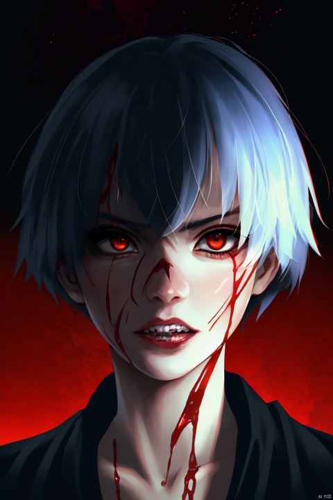 (1girl) portrait, best quality, ultra high res, ultra detailed, black and red, high contrast color tone, extremely detailed lighting, cinematic lighting, soft lights, (masterpiece, high quality:1.4), (kaneki ken, black hair, white hair, red and black eye, mask | teeth, blood eyes, black clothes, scorpio tentacles), , , blood, , black background, thrilling, (fierce face),kaneki ken, eyesseye, guidao