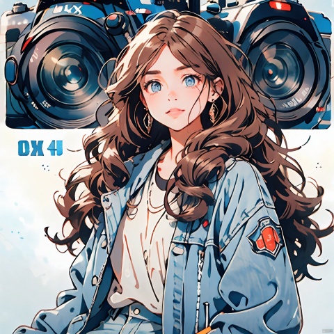  1 Girl, cool, blue denim jacket, short shirt, long brown hair, curly ends, earrings, blue eyes, Cyberpunk, DSLR, ultra HD, full of detail, realistic, 8K, MinimalistPoster, CX,