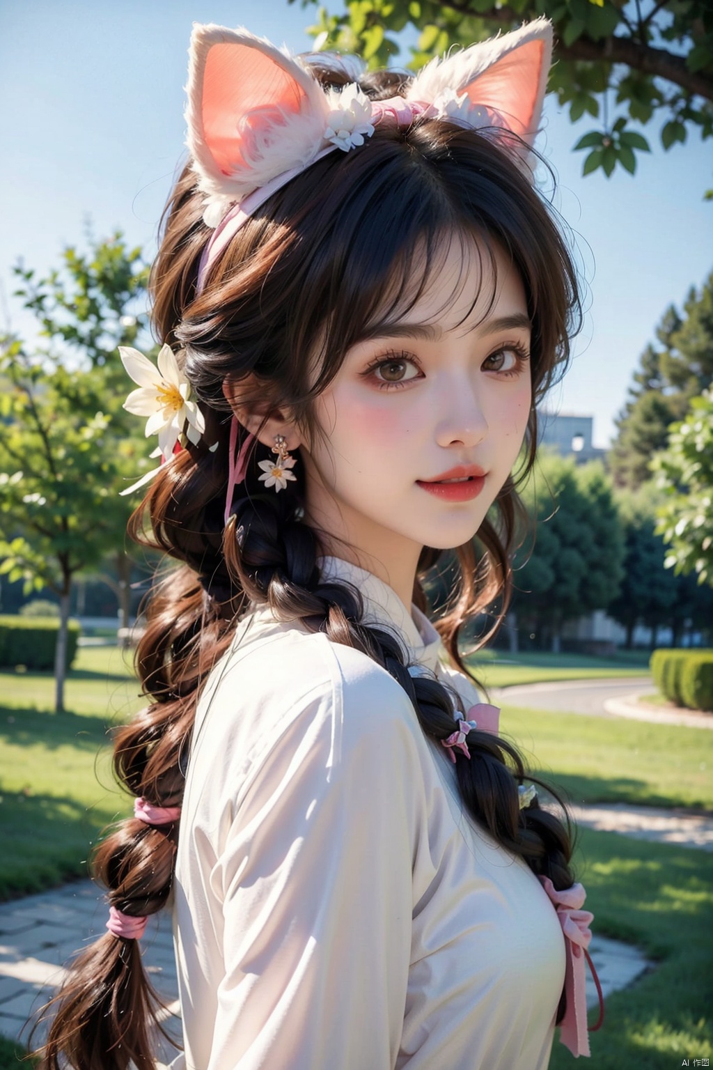  1girl, solo, long hair, looking at viewer, blush, smile, bangs, hair ornament, bow, animal ears, jewelry, yellow eyes, upper body, pink hair, braid, flower, hair bow, hairband, earrings, outdoors, parted lips, alternate costume, cat ears, from side, looking to the side, book, single braid, blue bow, plant, white flower, hair over shoulder, floppy ears, goldenglow \(arknights\), jiqing, 1 girl,moyou