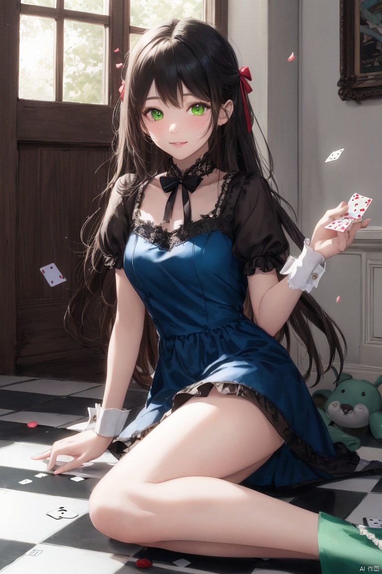  (masterpiece),(best quality),illustration,ultra detailed,hdr,Depth of field,(colorful),loli, 1girl, long hair, green eyes, checkered floor, stuffed toy, stuffed animal, solo, dress, black hair, bow, hair bow, playing card, card, stuffed bunny, petals, looking at viewer, blush, wrist cuffs, blue dress, apron, short sleeves, heart, frills, sitting, bangs, , , , , MizarFeet,