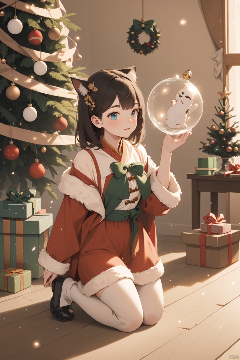  Fantasy photorealistic art of a cute cat Tom in a festive costume standing on the floor tries to hang a beautiful glass sphere on a branch of a Christmas tree, Christmas attributes, cinematic shot, soft light, amber light, magic atmosphere , flying particles, Christmas soks,thm style, (\ji jian\), eyesseye