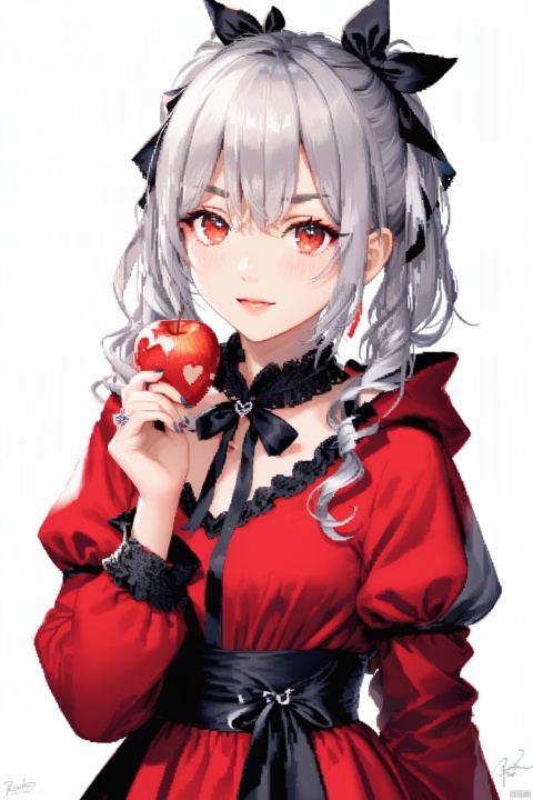  (masterpiece),(best quality),1girl, apple, bangs, blush, curly_hair, dress, drill_hair, eyebrows_visible_through_hair, food, frills, fruit, hair_ribbon, holding, kanzaki_ranko, lolita_fashion, long_hair, long_sleeves, looking_at_viewer, puffy_sleeves, red_eyes, ribbon, ringlets, signature, silver_hair, simple_background, solo, strawberry, twin_drills, twintails, upper_body, white_background, Pixel painting