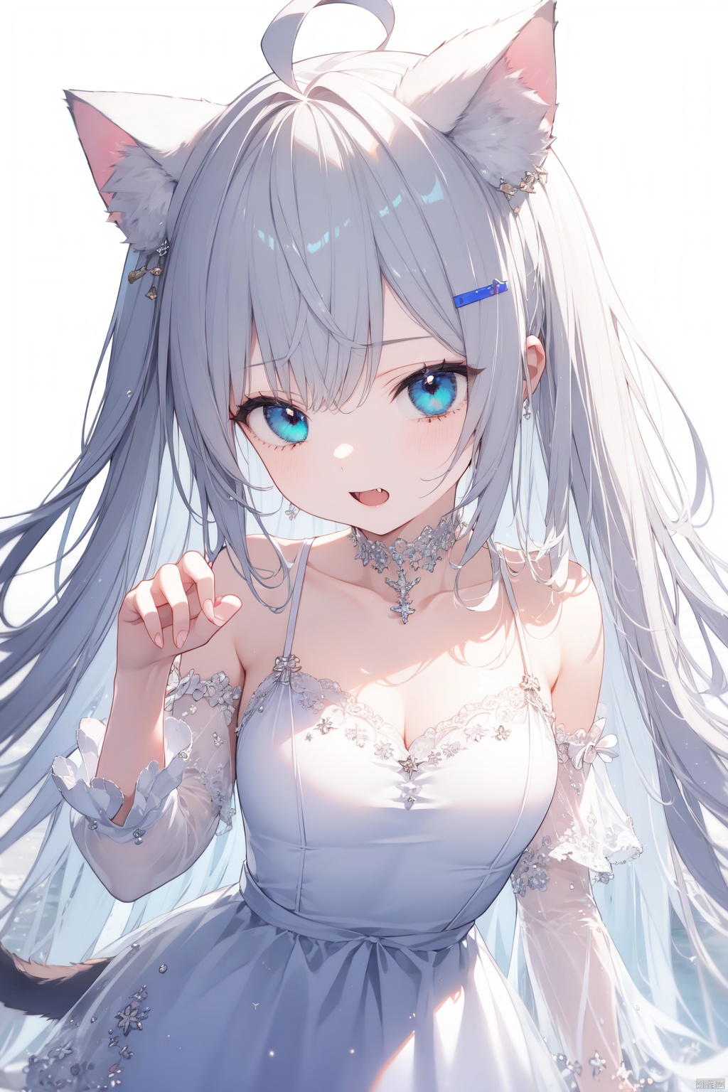  1girl, virtual_youtuber, paw_pose, tail, solo, dress, ahoge, cat_ears, animal_ears, hair_ornament, blue_eyes, cat_tail, hairclip, white_dress, open_mouth, looking_at_viewer, off-shoulder_dress, long_hair, halter_dress, bare_shoulders, blue_hair, blush, bangs, simple_background, white_background, detached_sleeves, halterneck, ribbon, cat_girl, bow, off_shoulder, fang, two_side_up, layered_dress, animal_ear_fluff