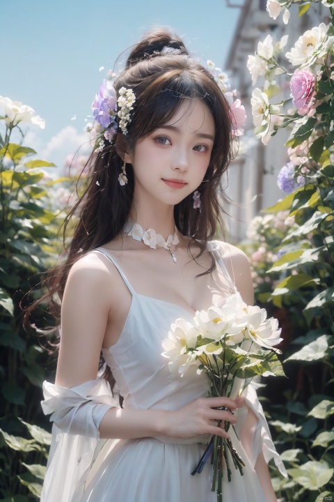  (2_girls:1.9),kind smile, (masterpiece), (best quality), illustration, ultra detailed, hdr, Depth of field, (colorful),black eyes, gloves, flower, blonde hair, long hair, dress, parted lips, looking at viewer, white flower, white dress, breasts, white rose, bird, sleeveless, bangs, rose, official alternate costume,wangyushan, ((poakl)), pld, Nebula, flowers