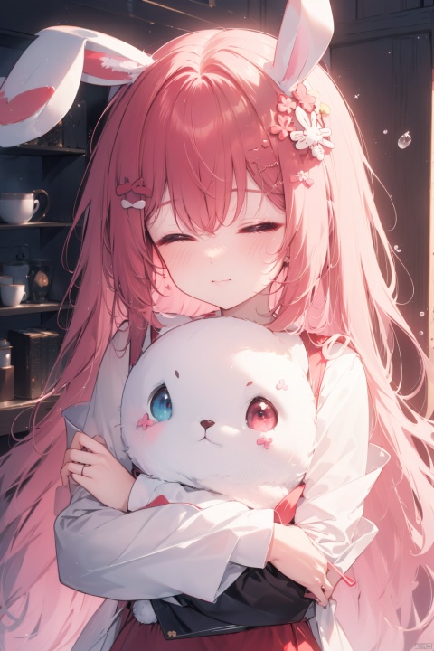  (best quality),(masterpiece),1girl, closed eyes, smile, long hair, solo, closed mouth, blush, animal hug, upper body, facing viewer, long sleeves, hair ornament, bangs, animal, ^_^, hair rings, hair between eyes, holding, bow, red hair, rabbit hair ornament, very long hair, red bow, shirt, hair bow