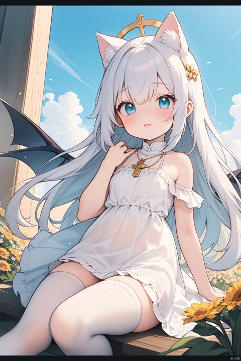  {masterpiece},white hair,yellow eyes,aqua eyes,looking up,stockings,long hair,hime cut,messy hair,floating hair,demon wings,halo,cross necklace,holy,divinity,shine,holy light,cat girl,(loli),(petite),solo,cozy anime,houtufeng,letterboxed,eyesseye