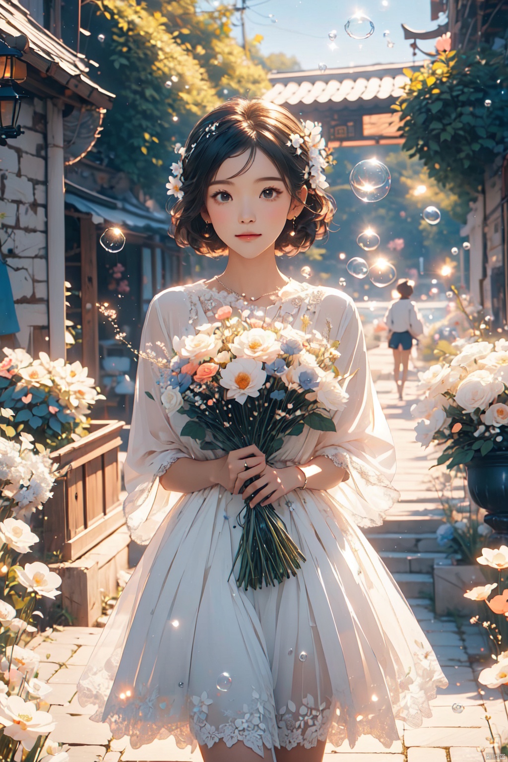  (bubble:1.3), 1 girl, cute, white dress, holding a bouquet of flowers, black short hair, light white wall, (\meng ze\), (\MBTI\), mjuanlian, jiqing