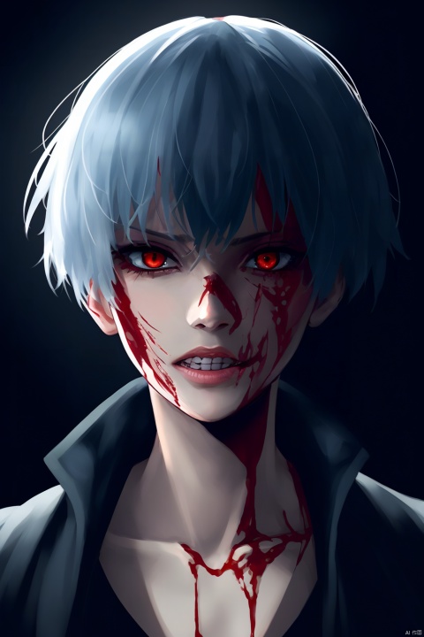 (1girl) portrait, best quality, ultra high res, ultra detailed, black and red, high contrast color tone, extremely detailed lighting, cinematic lighting, soft lights, (masterpiece, high quality:1.4), (kaneki ken, black hair, white hair, red and black eye, mask | teeth, blood eyes, black clothes, scorpio tentacles), , , blood, , black background, thrilling, (fierce face),kaneki ken, eyesseye, guidao