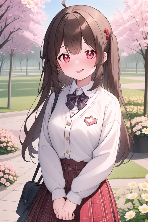  1girl, solo, long hair, looking at viewer, smile, bangs, skirt, brown hair, hair ornament, red eyes, long sleeves, twintails, school uniform, jacket, flower, ahoge, pleated skirt, outdoors, alternate costume, tongue, hairclip, hair flower, tongue out, bag, nail polish, plaid, symbol-shaped pupils, plaid skirt, backpack, cardigan, :p, ghost, flower-shaped pupils, hu tao \(genshin impact\), boo tao \(genshin impact\)
