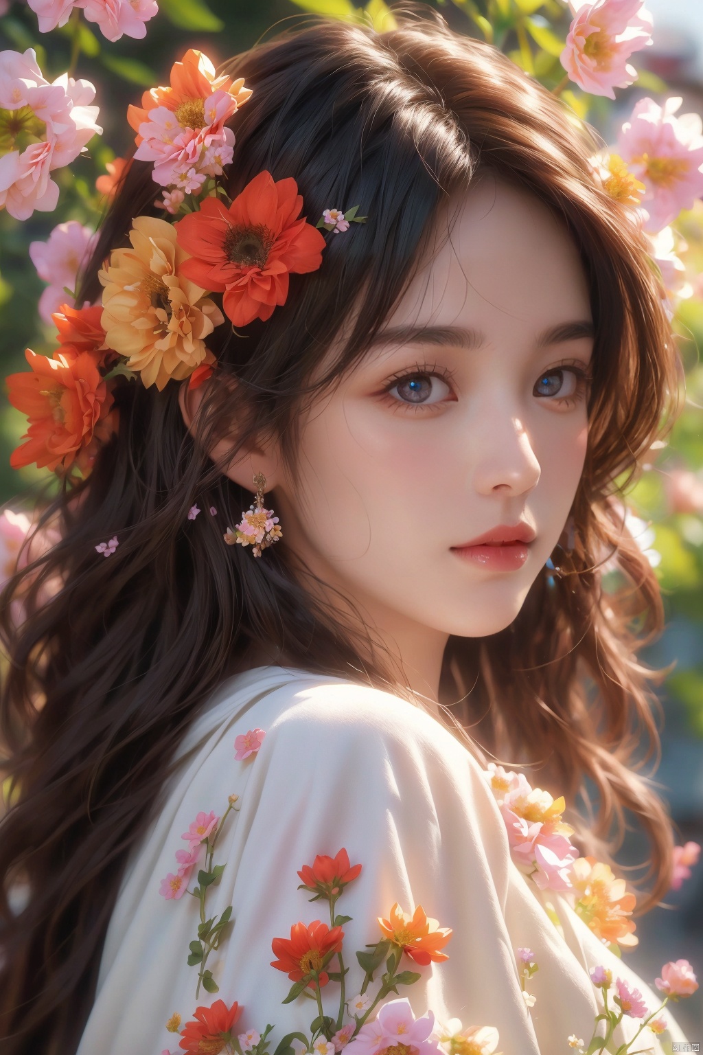  1girl,black eyes,long hair,super precise depiction, (flowers),multiple colors,high definition,Rich in intricate details. 8K,illustration,crazy colors,