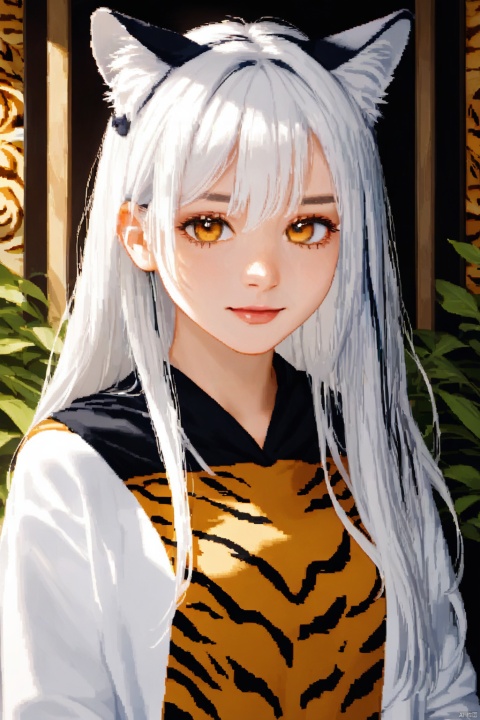  (HD+8K:1.5)+((masterpiece)),((( best quality))),((ultra-detailed)),(white hair),black hair,golden eyes, long hair,((1girl)),tiger ears, Pixel painting