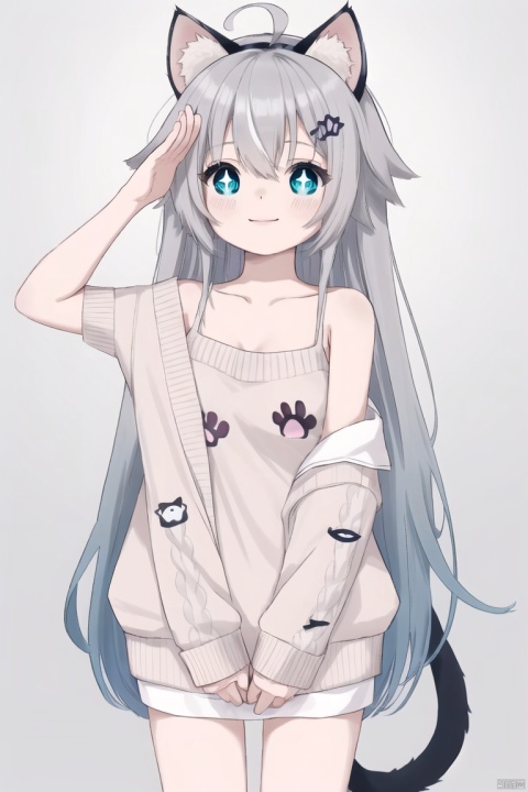  30710, petite, loli, solo, animal ears, heart, puffy short sleeves, grey hair, long hair, off shoulder, bangs, hair ornament, gradient background,rainbow gradient, x hair ornament, animal ear fluff, looking at viewer, very long hair, blush, smile, cat ears, bare shoulders, collarbone, hand up, gradient sweater, hair between eyes, symbol-shaped pupils, arm up, heart-shaped pupils, hairclip, medium breasts, salute, bare legs,full body,blue_eye,((ahoge)), + +,sparkling eyes,Starry eyes,ch style