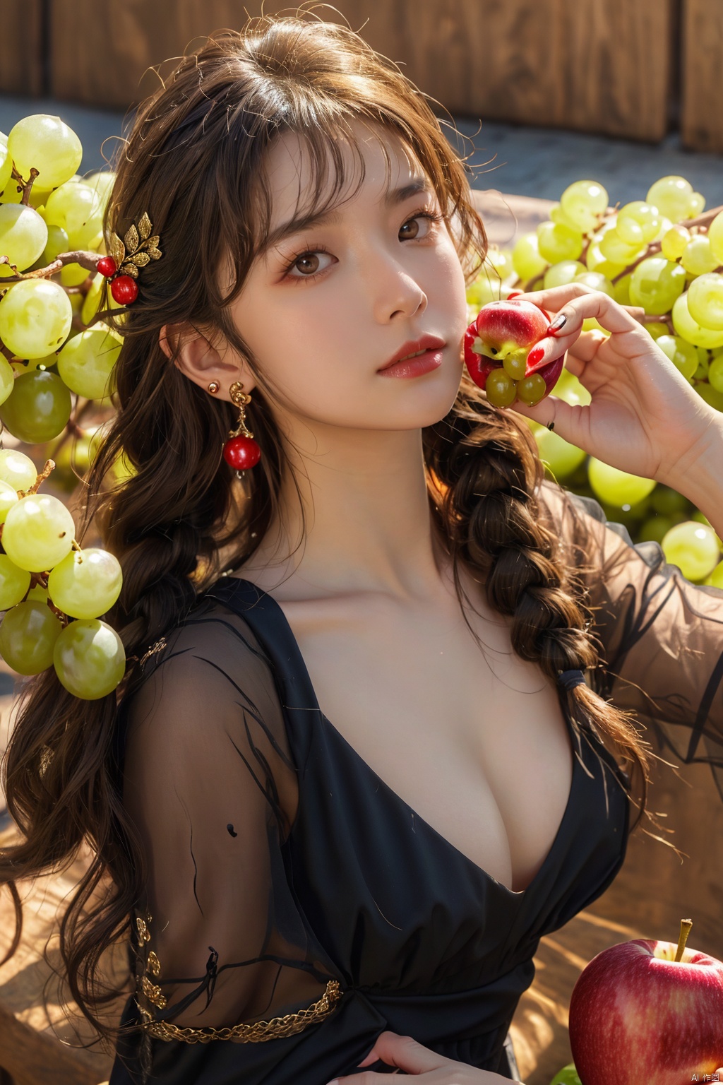  1girl, solo, long_hair, breasts, looking_at_viewer, blush, bangs, brown_hair, hair_ornament, red_eyes, dress, hair_between_eyes, jewelry, medium_breasts, closed_mouth, braid, short_sleeves, earrings, lying, parted_lips, food, hand_up, on_back, nail_polish, black_dress, bracelet, see-through, fruit, apple, see-through_sleeves, grapes, orange_\(fruit\), red_apple