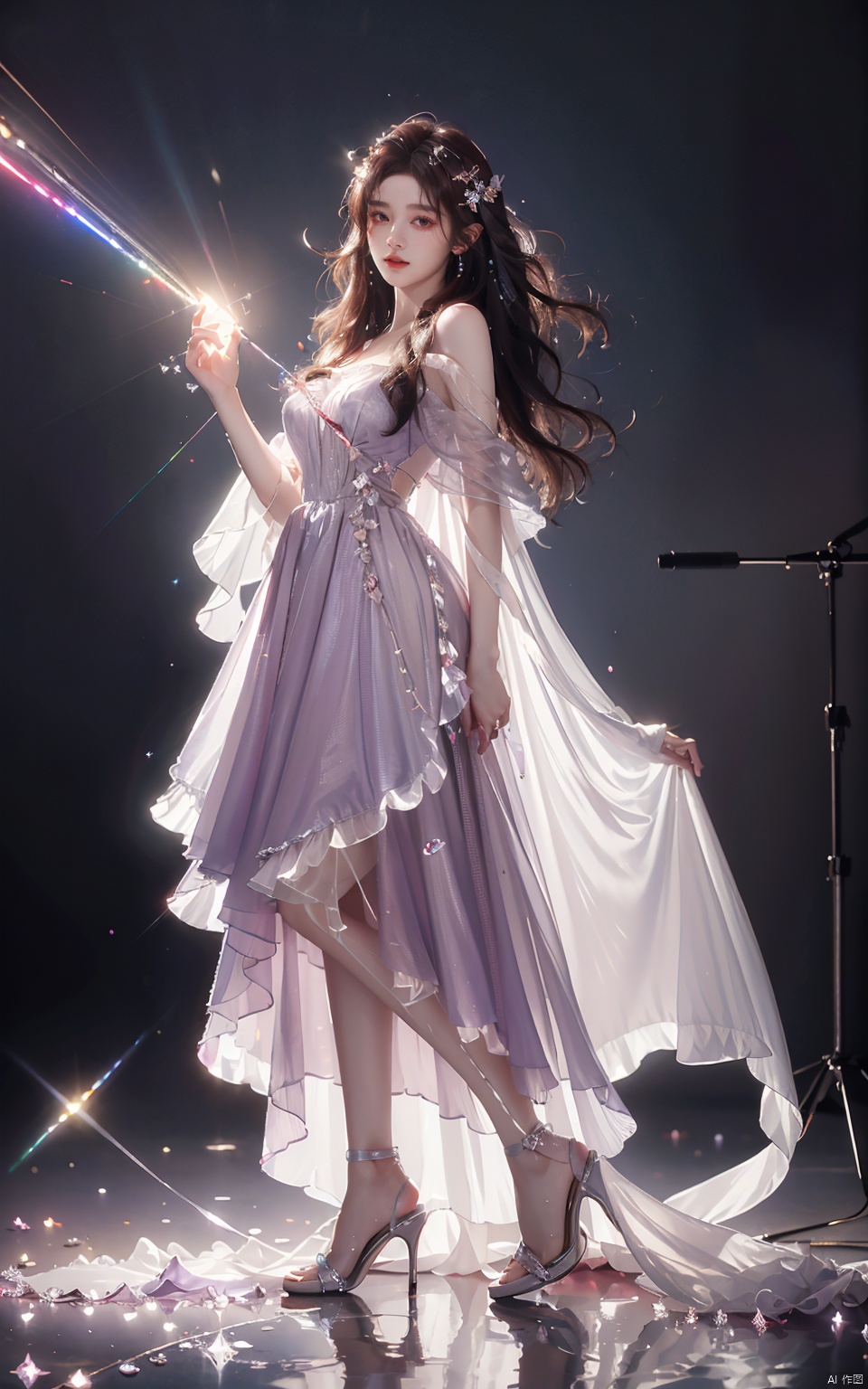 (masterpiece, top quality, best quality, official art, beauty:1.2),whole body,suspender skirt,vertical painting,idol,(luminous quality chiffon dress:1.1),(flash effects:1.3),lavender slip skirt,(hair all to one side:1.5),(dark wavy hair:1.1),(dark red hair:1.1),floating in the air,(crystal high heels:1.2),spotlight,(stage lighting:1.2),flower