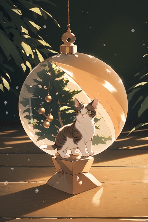  Fantasy photorealistic art of a cute cat Tom in a festive costume standing on the floor tries to hang a beautiful glass sphere on a branch of a Christmas tree, Christmas attributes, cinematic shot, soft light, amber light, magic atmosphere , flying particles, Christmas soks,thm style, (\ji jian\), eyesseye