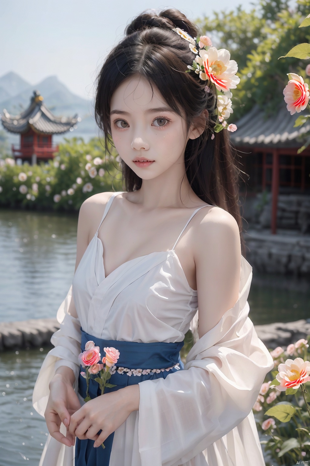  High quality, super detail, masterpieces,8kIn an ancient Chinese village, a beautiful little girl stood there. Her long hair cascaded down her shoulders. Her eyes were bright and bright, as clear as the water in a lake. She was wearing a traditional Hanfu, embroidered with fine patterns, bright colors, like a blooming flower. Her face was pure and sweet, as if it were the purest thing in the world., flowers, 1girl, flower